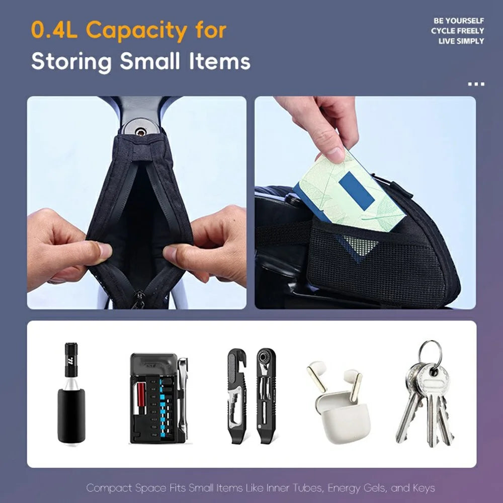 WEST BIKING YP0707430 Bike Top Tube Bag 0.4L Capacity Triangle Storage Bag Quick Access with Reflective Strips for Mountain Road Bicycle - Black - 4