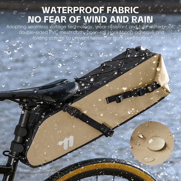 WEST BIKING YP0707437 Mountain Bikes Waterproof Saddle Bag 10-14L Expandable Cycling Tail Pack for Touring Storage - Khaki - 3