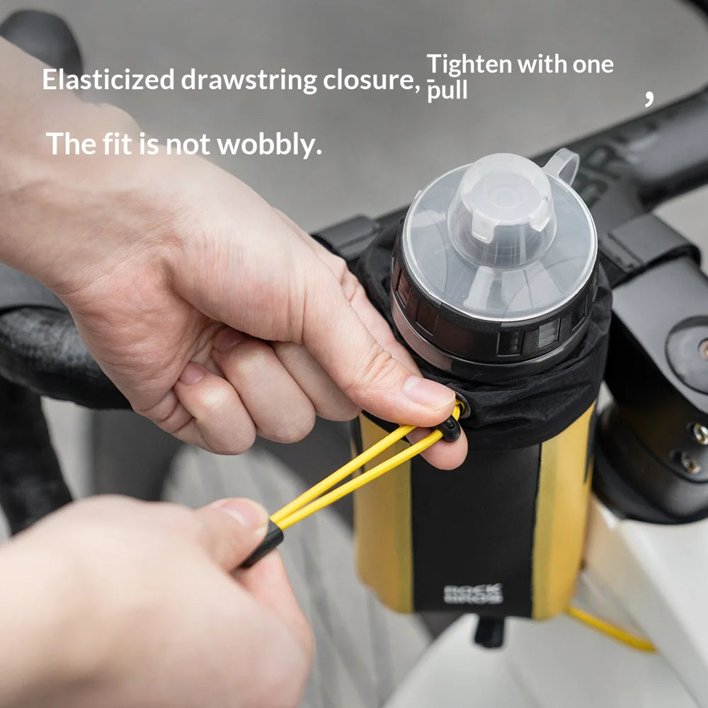 ROCKBROS AS-162 1L Water Bottle Holder with Drawstring Waterproof Bicycle Handlebar Bag Cycling Storage Pack - Black+Yellow - 4