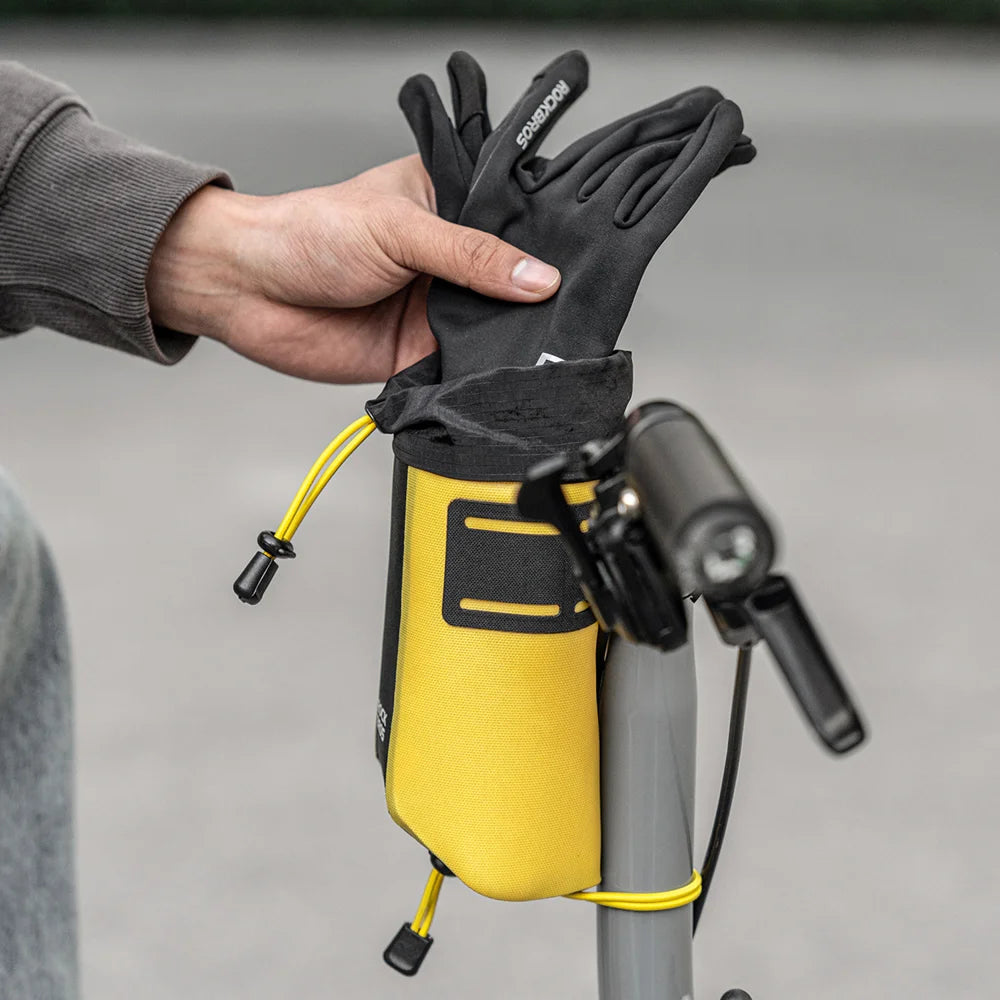 ROCKBROS AS-162 1L Water Bottle Holder with Drawstring Waterproof Bicycle Handlebar Bag Cycling Storage Pack - Black+Yellow - 6