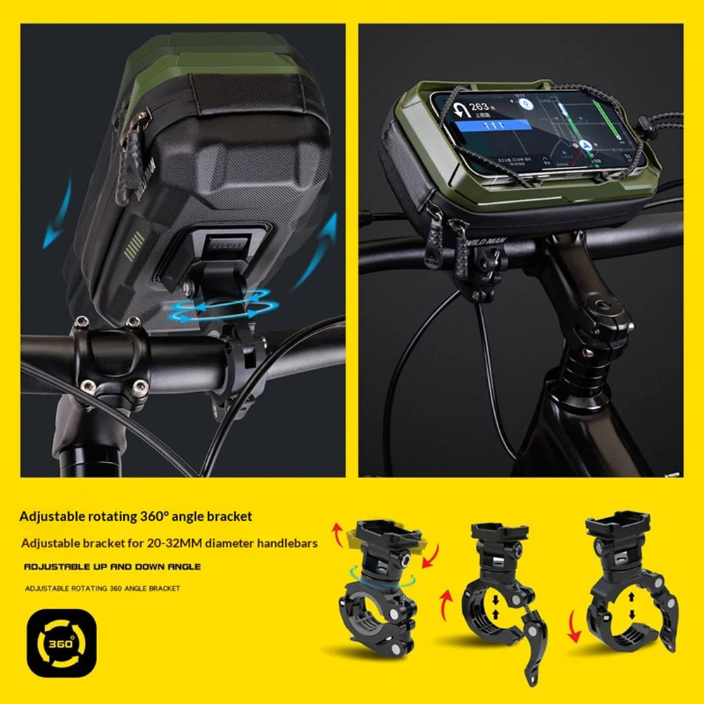 WILD MAN GX330 IPX5 Waterproof Bike Phone Holder Handlebar Bag 0.6L EVA Hard Shell 360 Degree Rotation Cycling Frame Bag - Black - 4