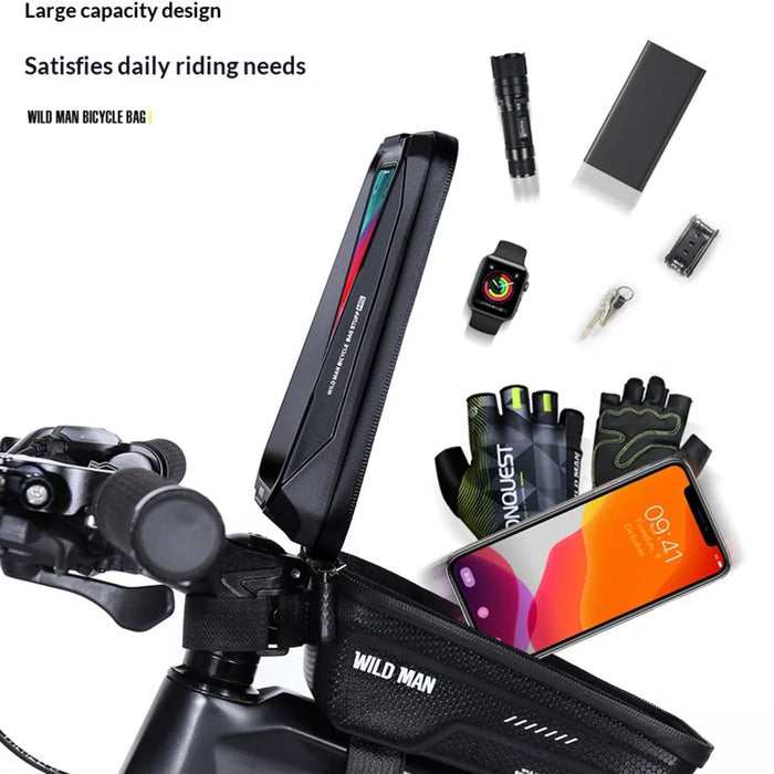 WILD MAN MS66 EVA Bike Frame Bag Bicycle Front Tube Bag Touchscreen Phone Holder Waterproof Cycling Storage for Mountain Road Bike - Black/1.2L - 6