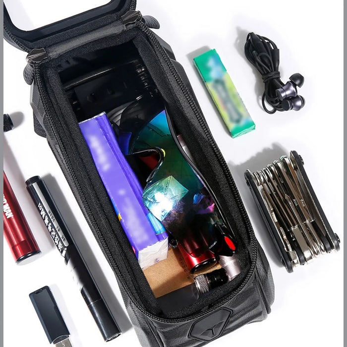 WILD MAN XT5 Bike Frame Bag EVA Hard Shell Waterproof Phone Holder Bicycle Top Tube Bag for 4.7-6.7 inch Smartphones - Black/Honeycomb Texture - 7