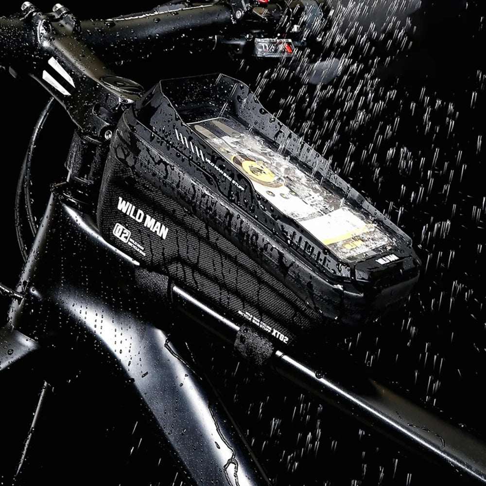 WILD MAN XT2 Mountain Bike Frame Bag EVA Hard Shell Waterproof Phone Holder Top Tube Bag for Cycling - Black/Honeycomb Texture - 2