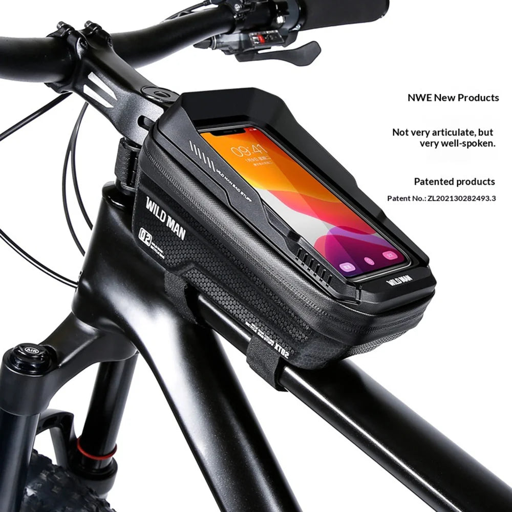 WILD MAN XT2 Mountain Bike Frame Bag EVA Hard Shell Waterproof Phone Holder Top Tube Bag for Cycling - Black/Honeycomb Texture - 3