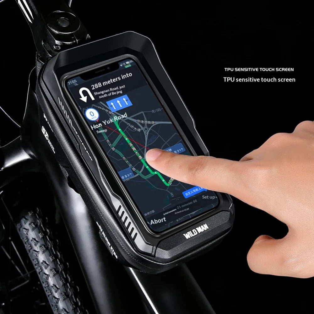 WILD MAN XT2 Mountain Bike Frame Bag EVA Hard Shell Waterproof Phone Holder Top Tube Bag for Cycling - Black/Honeycomb Texture - 4