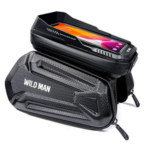 WILD MAN XT6 Bike Frame Bag 1.2L EVA Hard Shell Waterproof Touchscreen Phone Holder for MTB Road Cycling - Black/Honeycomb Texture - 1