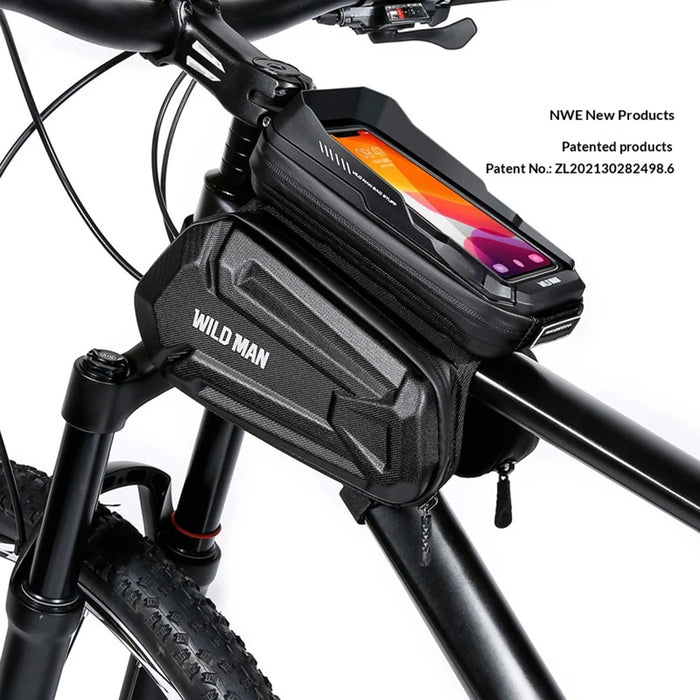 WILD MAN XT6 Bike Frame Bag 1.2L EVA Hard Shell Waterproof Touchscreen Phone Holder for MTB Road Cycling - Black/Honeycomb Texture - 2