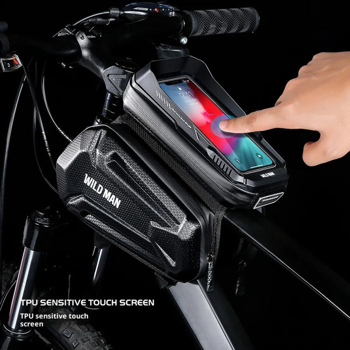 WILD MAN XT6 Bike Frame Bag 1.2L EVA Hard Shell Waterproof Touchscreen Phone Holder for MTB Road Cycling - Black/Honeycomb Texture - 3