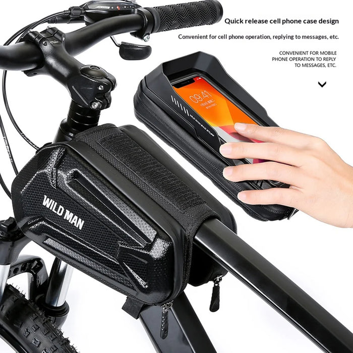 WILD MAN XT6 Bike Frame Bag 1.2L EVA Hard Shell Waterproof Touchscreen Phone Holder for MTB Road Cycling - Black/Honeycomb Texture - 4