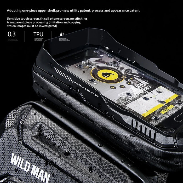 WILD MAN XT6 Bike Frame Bag 1.2L EVA Hard Shell Waterproof Touchscreen Phone Holder for MTB Road Cycling - Black/Honeycomb Texture - 5