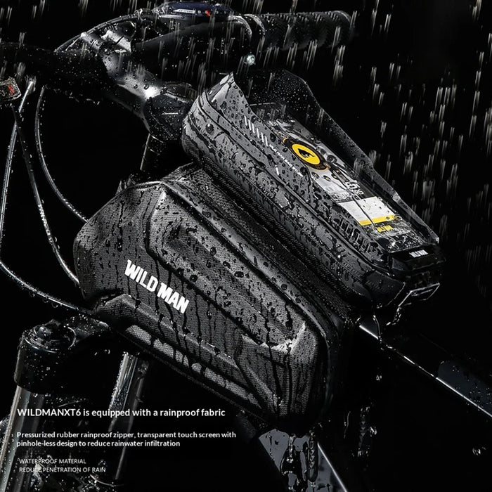WILD MAN XT6 Bike Frame Bag 1.2L EVA Hard Shell Waterproof Touchscreen Phone Holder for MTB Road Cycling - Black/Honeycomb Texture - 6