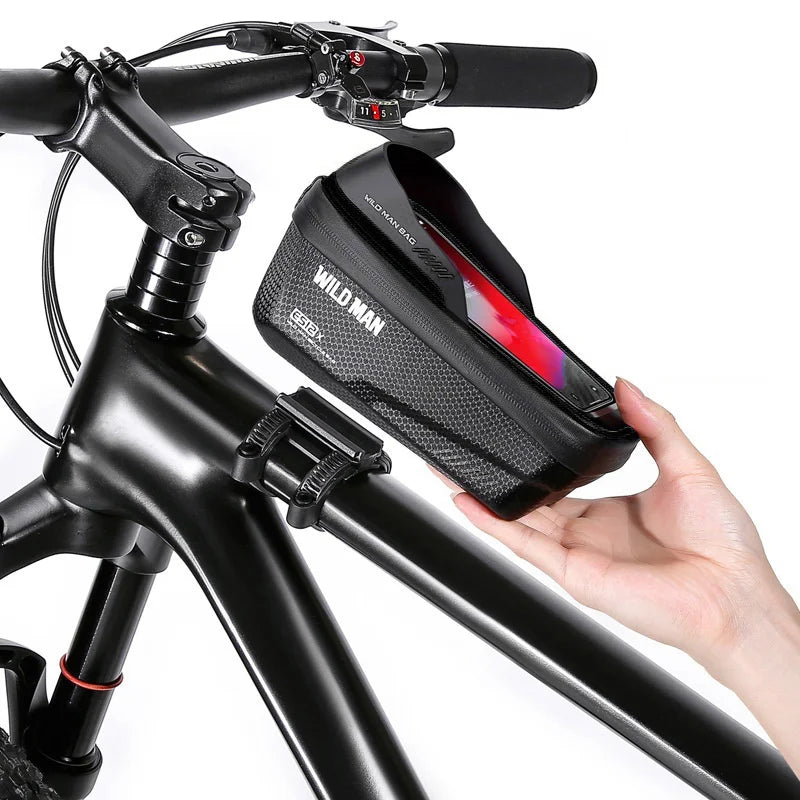 WILD MAN ES12X EVA Hard Shell Front Tube Bag Waterproof Quick Release Bike Phone Holder Bag for Mountain Bicycle Cycling - Black/1L - 2