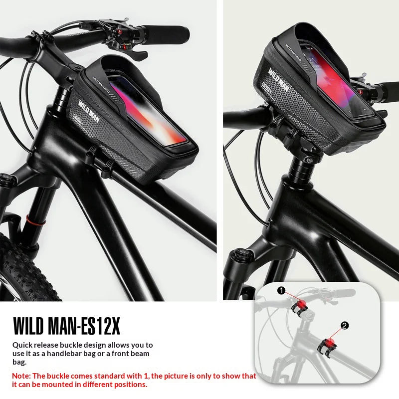 WILD MAN ES12X EVA Hard Shell Front Tube Bag Waterproof Quick Release Bike Phone Holder Bag for Mountain Bicycle Cycling - Black/1L - 3