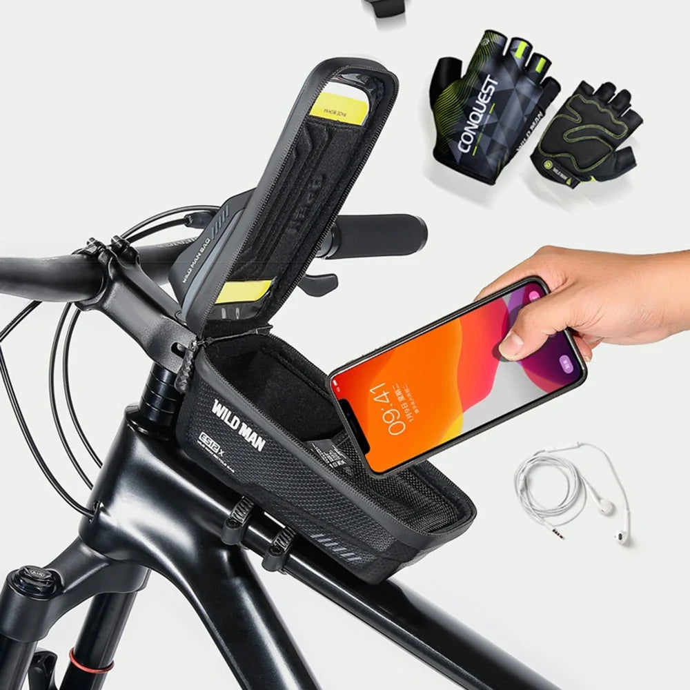 WILD MAN ES12X EVA Hard Shell Front Tube Bag Waterproof Quick Release Bike Phone Holder Bag for Mountain Bicycle Cycling - Black/1L - 6