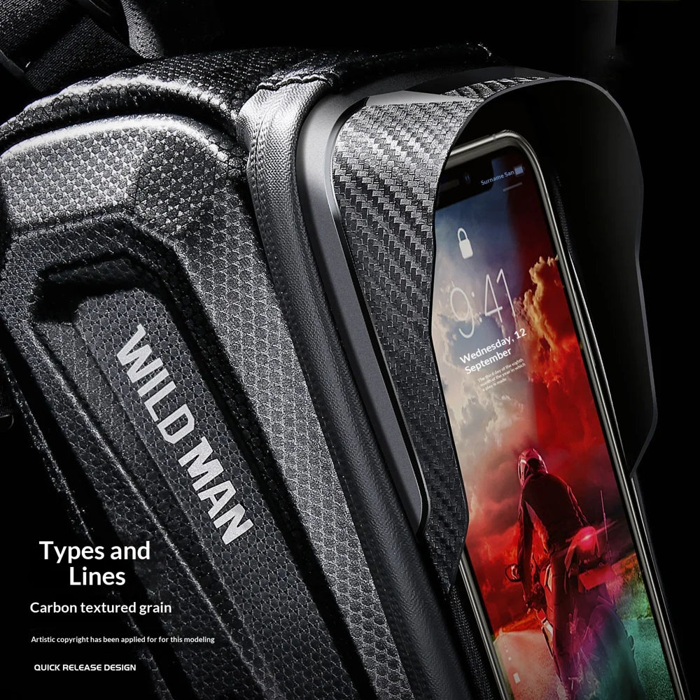 WILD MAN E10 EVA Hard Shell Bike Front Frame Bag Touchscreen Phone Holder Top Tube Bag for Cycling - Black/1L - 3