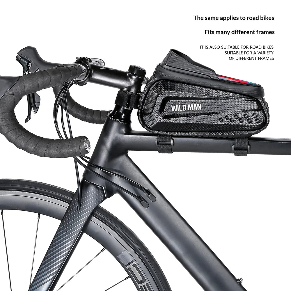 WILD MAN E10 EVA Hard Shell Bike Front Frame Bag Touchscreen Phone Holder Top Tube Bag for Cycling - Black/1L - 4