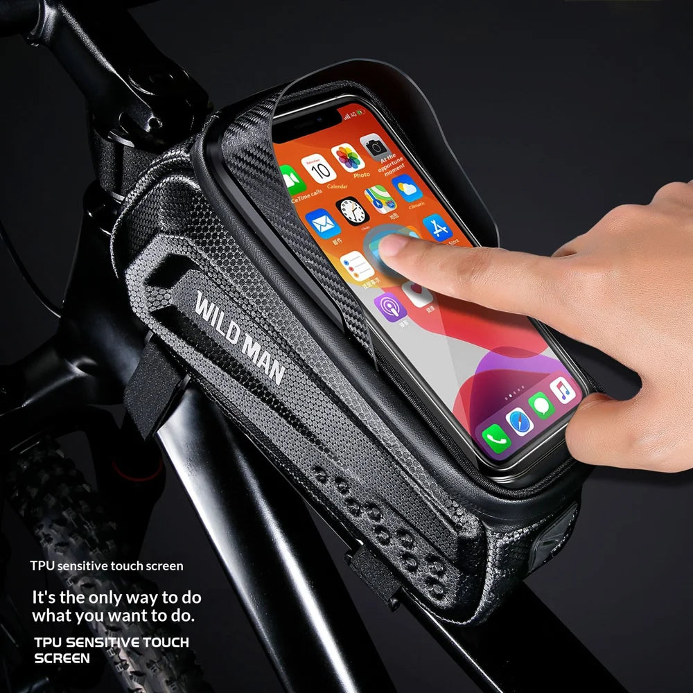 WILD MAN E10 EVA Hard Shell Bike Front Frame Bag Touchscreen Phone Holder Top Tube Bag for Cycling - Black/1L - 5