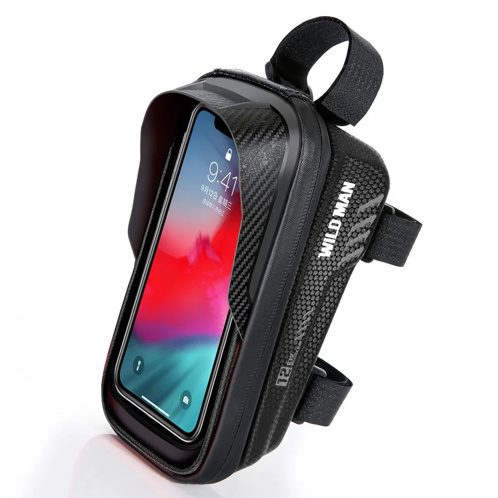 WILD MAN E12 EVA Hard Shell 1L Waterproof Bike Front Frame Bag Touchscreen Phone Pouch for Mountain Cycling - Black - 1