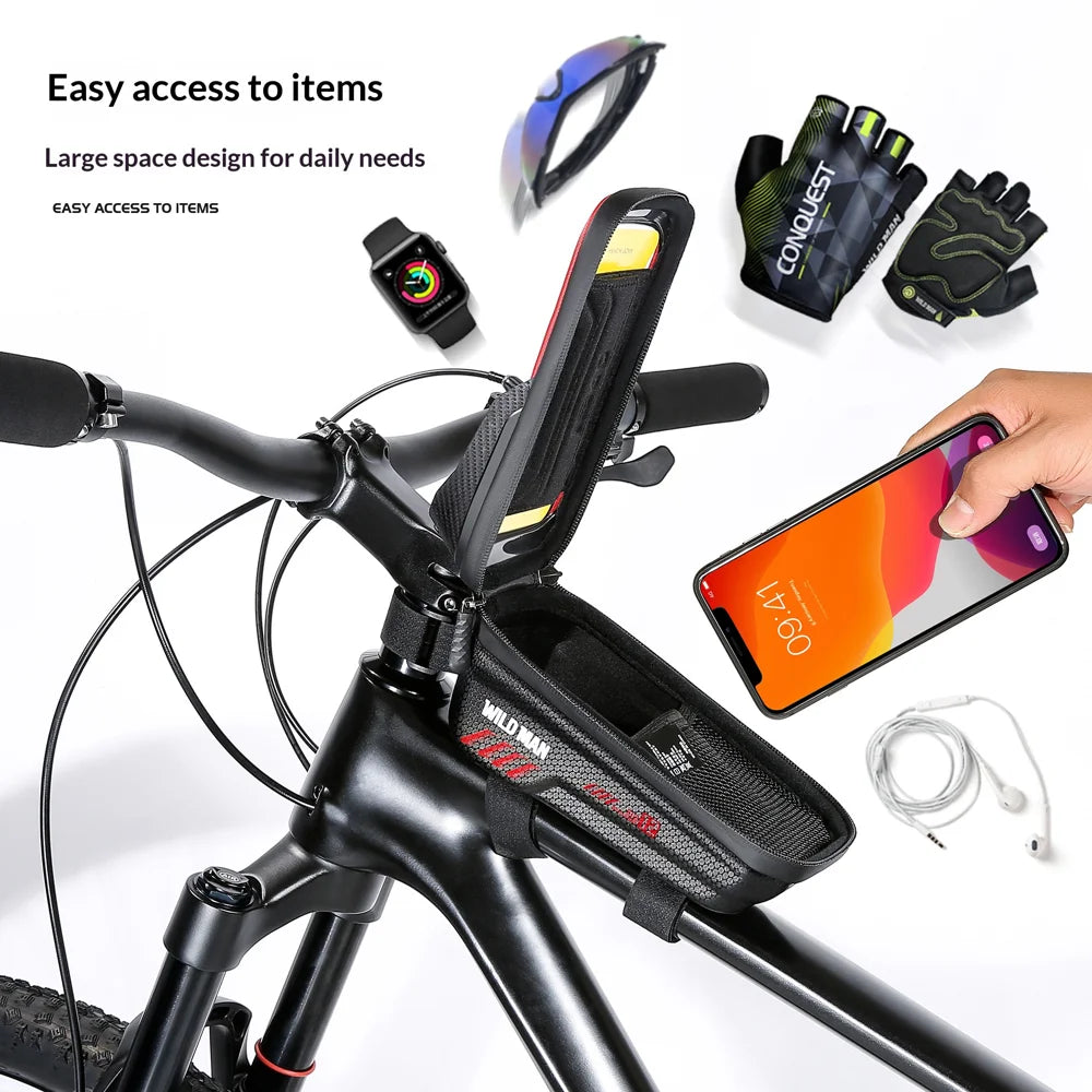 WILD MAN E12 EVA Hard Shell 1L Waterproof Bike Front Frame Bag Touchscreen Phone Pouch for Mountain Cycling - Black - 5