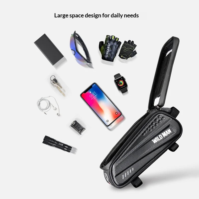WILD MAN ES3 Bicycle Frame Bag Hard Shell Touchscreen Bike Phone Bag for Mountain Road Cycling - Black/1L - 4
