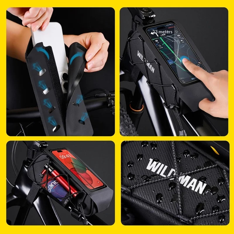 WILD MAN GX100 Bike Top Tube Bag 1L Waterproof Touch Screen Phone Holder Bag for Mountain Road Bicycle - Black / 1L - 4