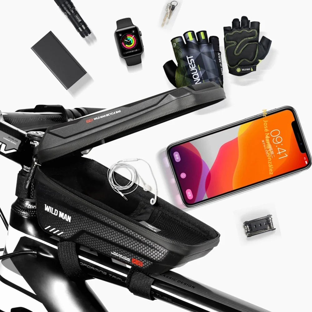 WILD MAN X2 EVA Hard Shell Cycling Phone Pouch for Mountain Bike Waterproof Bicycle Top Tube Bag - Black/1L - 6
