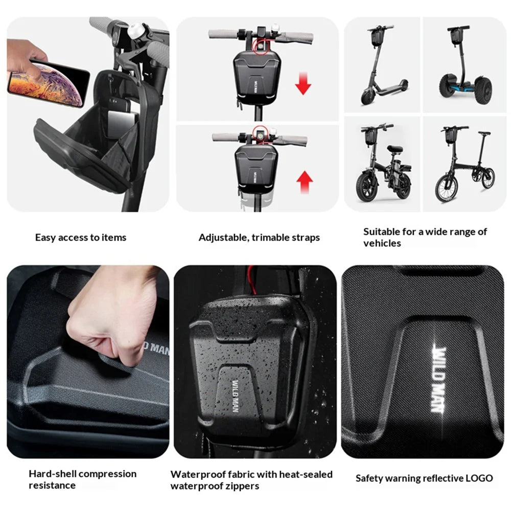 WILD MAN TS9 2.5L Electric Scooter Bag EVA Hard Shell Handlebar Storage Bag for E-Scooter Bicycle - Black - 6