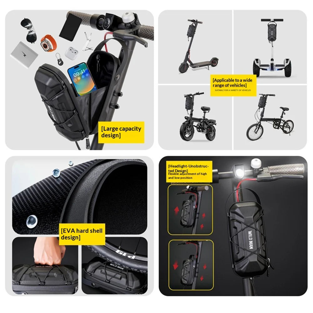WILD MAN GD6X EVA Hard Shell Handlebar Bag 2L Waterproof Quick Release Front Bag for Electric Scooter Bike - Black|2L - 5