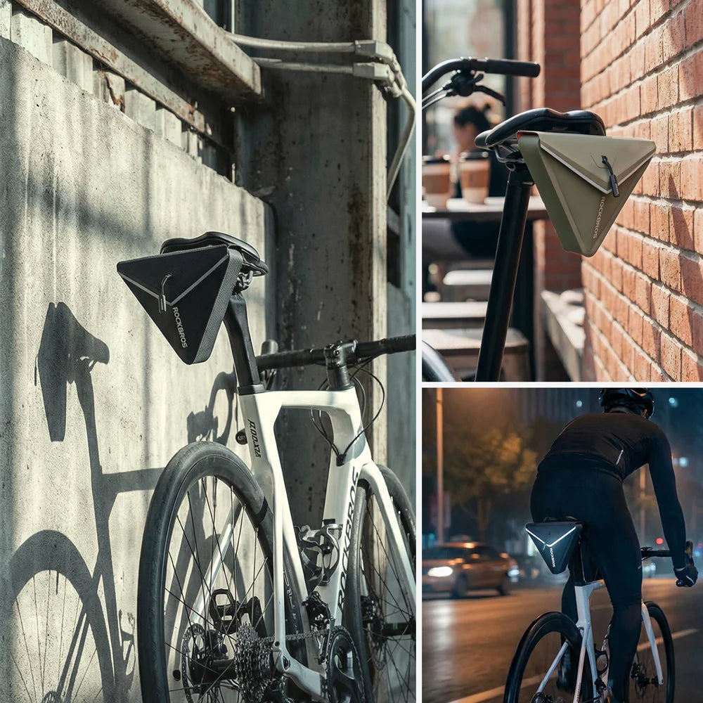 ROCKBROS 30130097 Bike Saddle Bag 0.6L IPX6 Waterproof Magnetic Quick Release Triangle Pack for Cycling - Army Green - 6