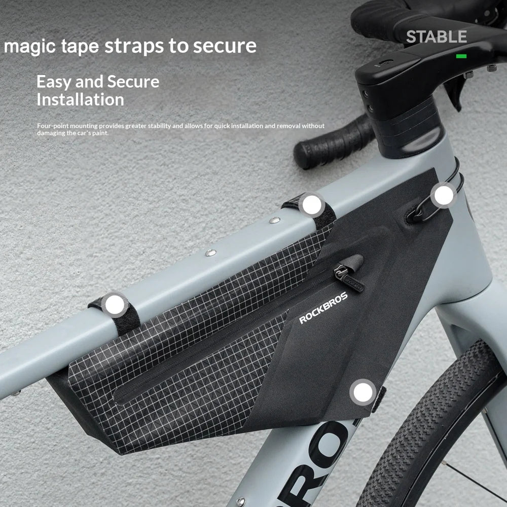 ROCKBROS 30180035 Bicycle Frame Bag 1.7L Waterproof Triangle Bag Magic Tape Mount for Road Mountain Bike - Black - 5