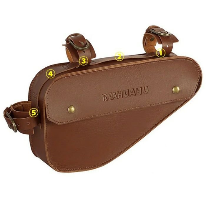 RZAHUAHU YA682 1.5L Waterproof PU Leather Bicycle Frame Bag Triangle Storage for Cycling - Dark Brown - 2