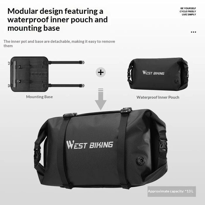 WEST BIKING YP0707446 Waterproof Bicycle Handlebar Bag 13L Long Tube for Cycling Touring - Black - 3