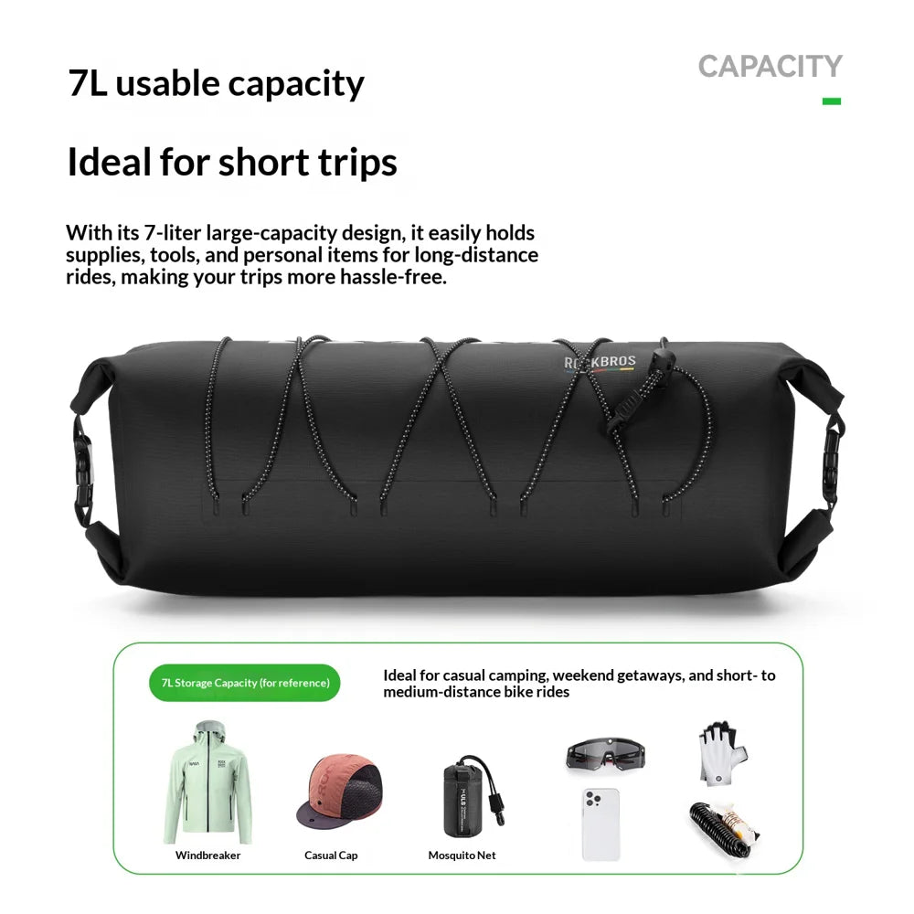 ROCKBROS 30110109 TL-170 7L Waterproof Cylindrical Bike Handlebar Bag for Road Mountain Cycling - Black - 6