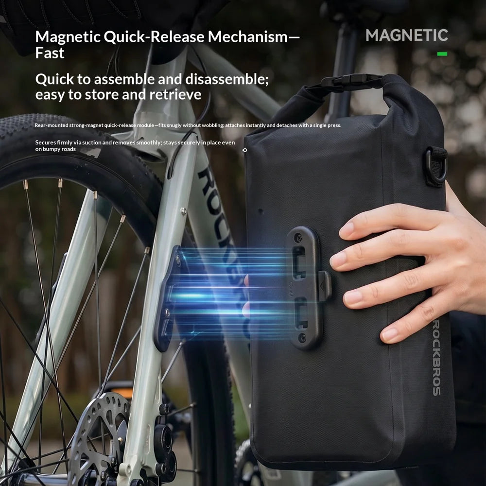 ROCKBROS 30140125001 Waterproof Bike Fork Bag Magnetic 4L Cycling Storage Pack for Road Mountain Bikes - Black - 4