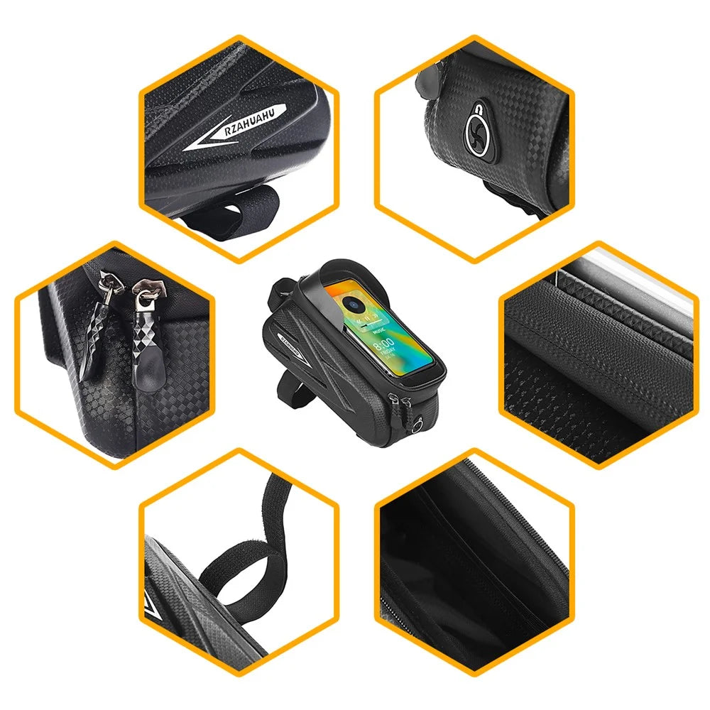 RZAHUAHU MTB Road Bicycle Top Tube Bag Waterproof EVA Hard Shell Bike Front Beam Touch Screen 7.2 inch Phone Holder Storage Bag - 3
