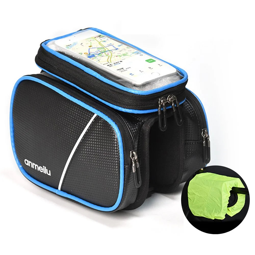 ANMEILU 7006 Waterproof Cycling Bike Front Frame Bag Touch Screen Phone Pouch Bicycle Top Tube Storage Bag with Rainproof Cover - Black / Blue - 1