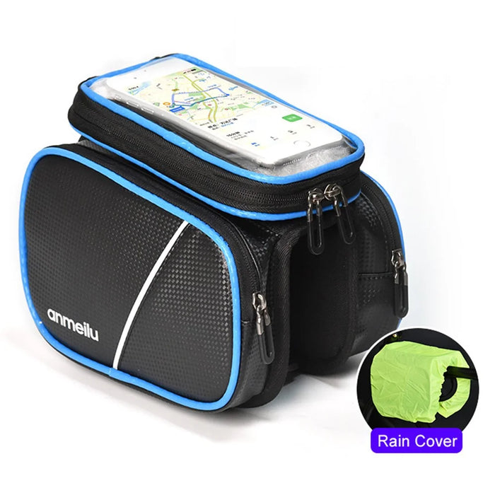 ANMEILU 7006 Waterproof Cycling Bike Front Frame Bag Touch Screen Phone Pouch Bicycle Top Tube Storage Bag with Rainproof Cover - Black / Blue - 2