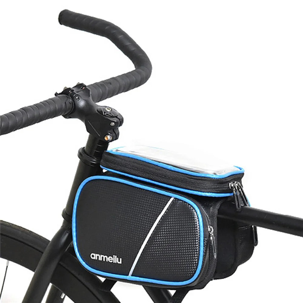 ANMEILU 7006 Waterproof Cycling Bike Front Frame Bag Touch Screen Phone Pouch Bicycle Top Tube Storage Bag with Rainproof Cover - Black / Blue - 3