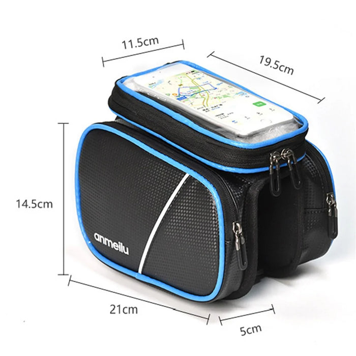 ANMEILU 7006 Waterproof Cycling Bike Front Frame Bag Touch Screen Phone Pouch Bicycle Top Tube Storage Bag with Rainproof Cover - Black / Blue - 7