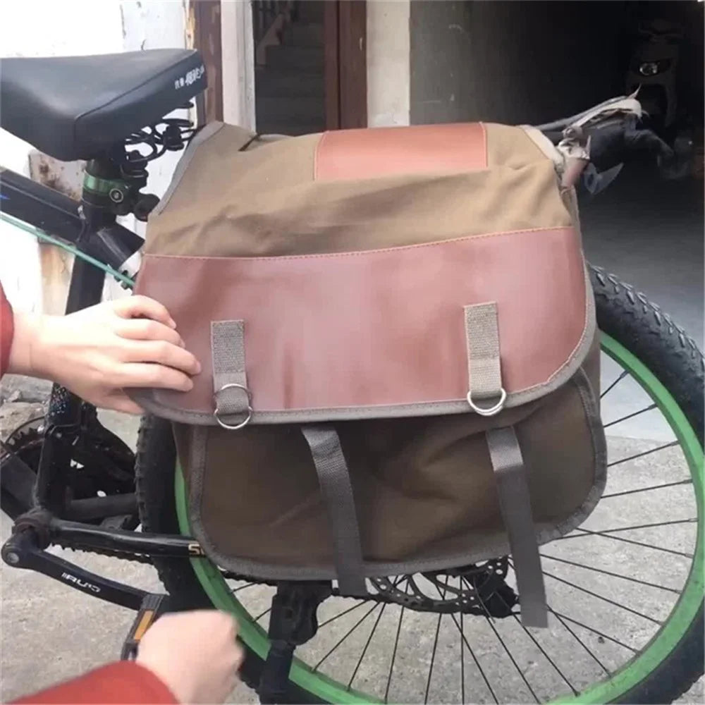 Canvas+Leather MTB Bike Pannier Pack Outdoor Travel Storage Bag Bicycle Rear Rack Bag - Khaki - 2