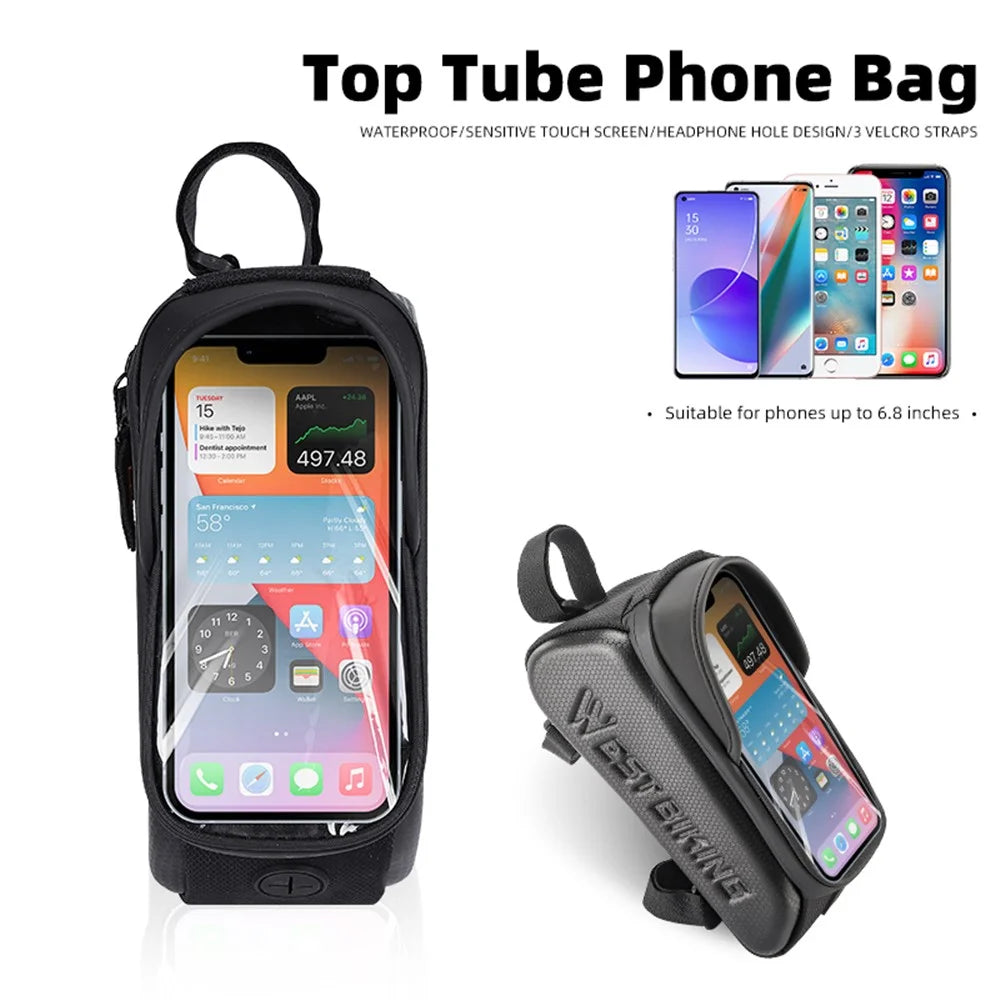 WEST BIKING YP0707337 Leather+EVA+Polyester Bike Top Tube Phone Bag 0.8L Bicycle Bag Clear Screen Touch Film Phone Holder Pouch - 2