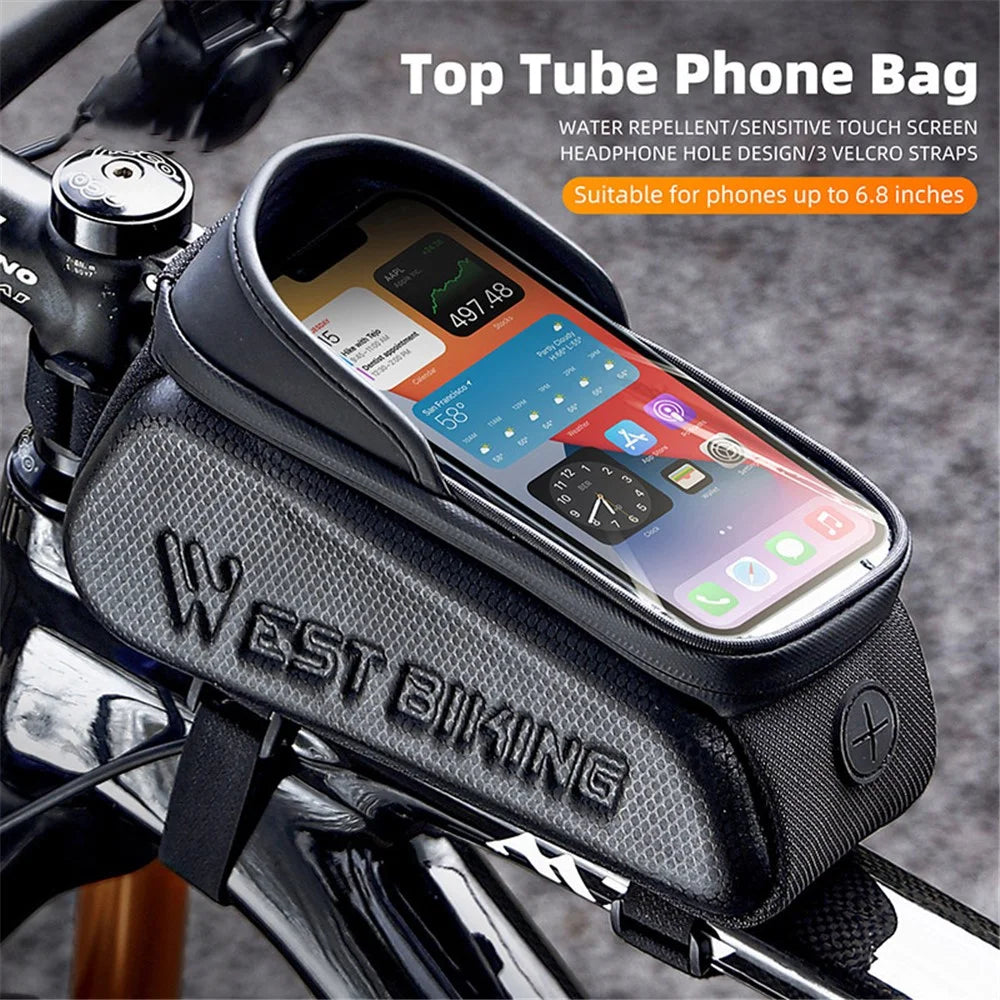 WEST BIKING YP0707337 Leather+EVA+Polyester Bike Top Tube Phone Bag 0.8L Bicycle Bag Clear Screen Touch Film Phone Holder Pouch - 3