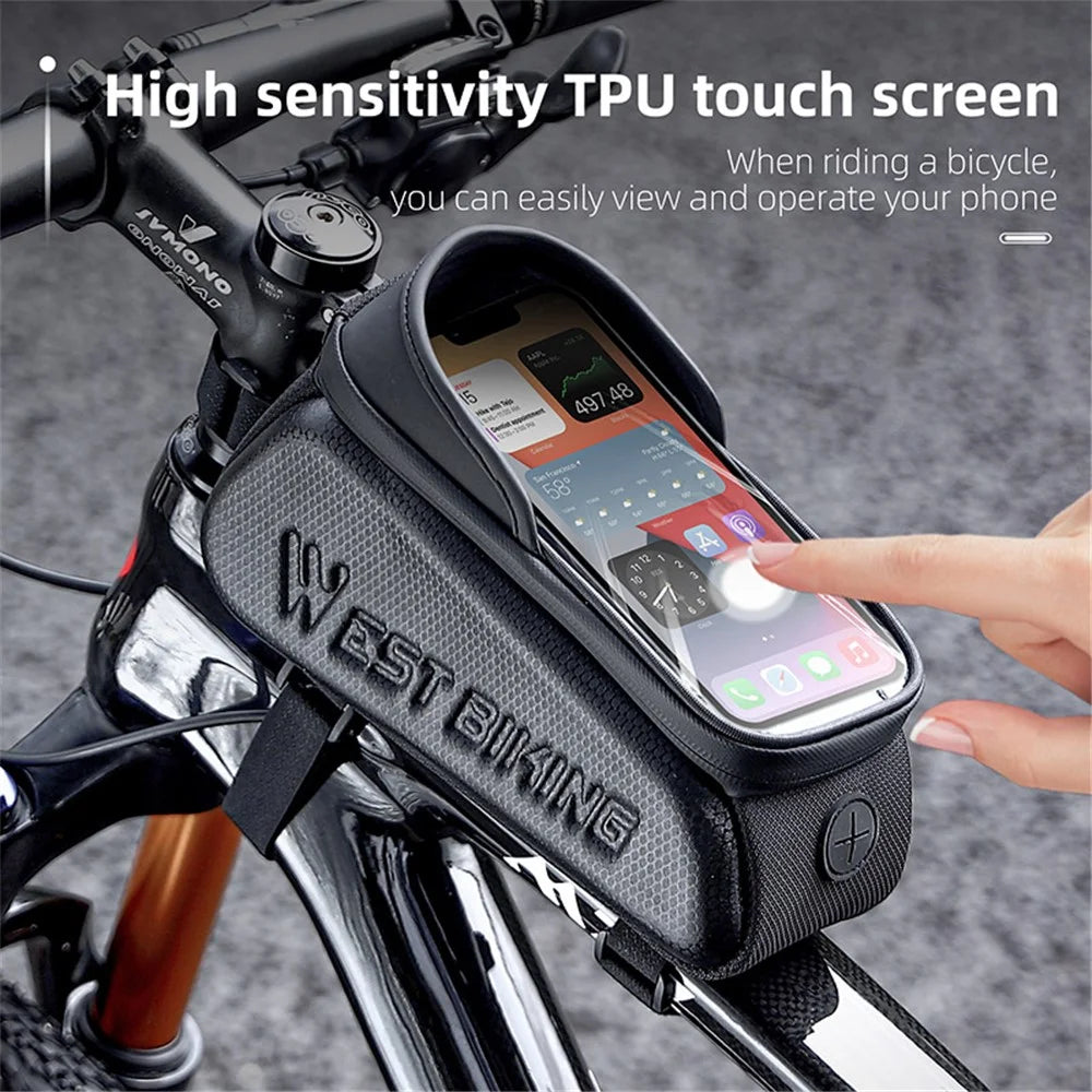 WEST BIKING YP0707337 Leather+EVA+Polyester Bike Top Tube Phone Bag 0.8L Bicycle Bag Clear Screen Touch Film Phone Holder Pouch - 5