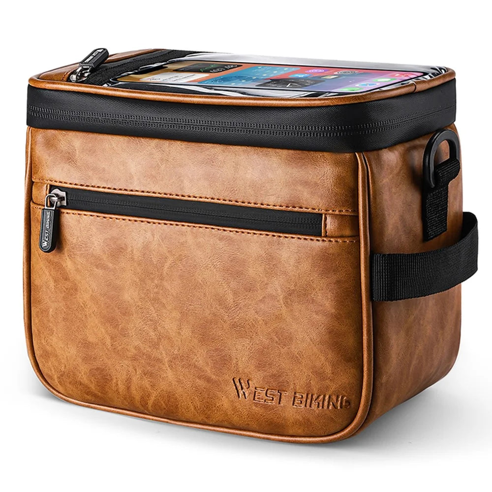 WEST BIKING YP0707333 Thermal Leather Bicycle Handlebar Bag Touchable Transparent Film Bike Bag Phone Holder - Brown - 1