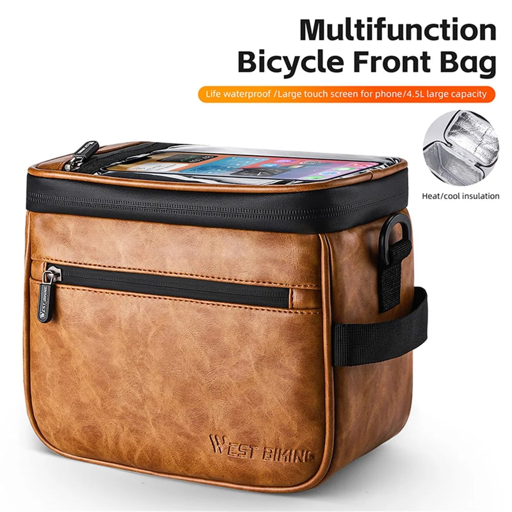 WEST BIKING YP0707333 Thermal Leather Bicycle Handlebar Bag Touchable Transparent Film Bike Bag Phone Holder - Brown - 2