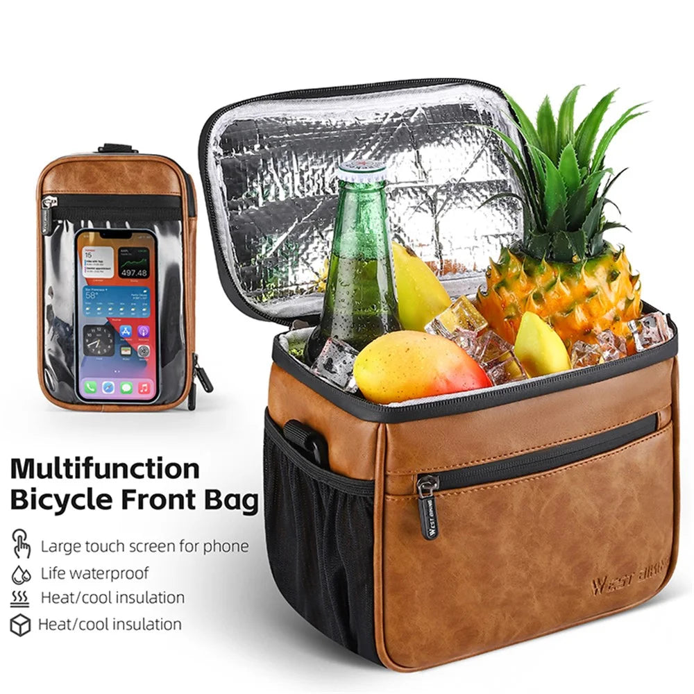 WEST BIKING YP0707333 Thermal Leather Bicycle Handlebar Bag Touchable Transparent Film Bike Bag Phone Holder - Brown - 3