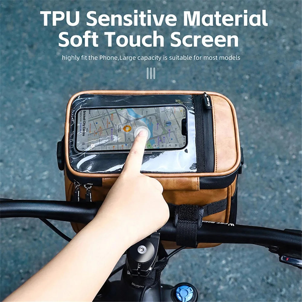 WEST BIKING YP0707333 Thermal Leather Bicycle Handlebar Bag Touchable Transparent Film Bike Bag Phone Holder - Brown - 5