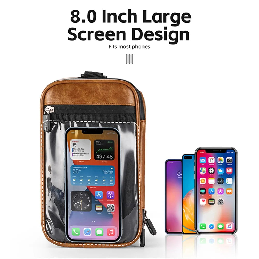 WEST BIKING YP0707333 Thermal Leather Bicycle Handlebar Bag Touchable Transparent Film Bike Bag Phone Holder - Brown - 7