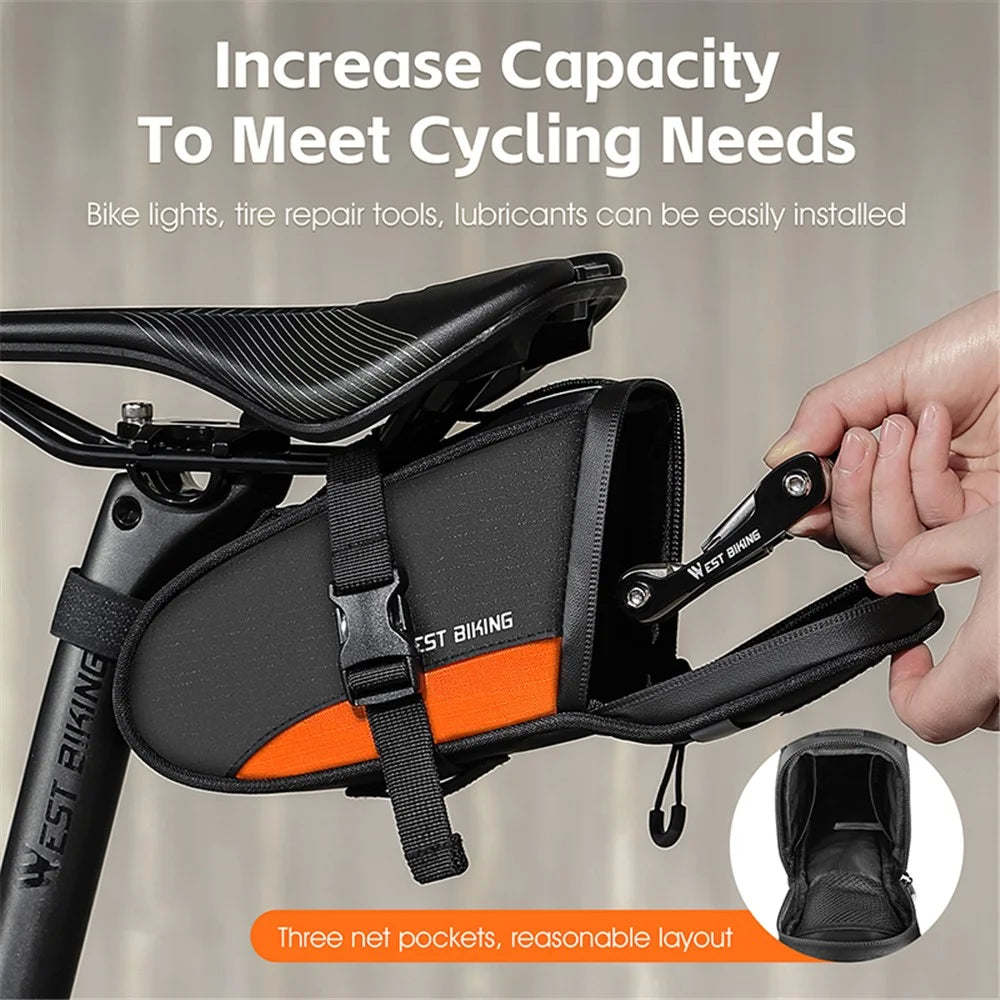 WEST BIKING YP0707363 Outdoor Bicycle Tail Bag 1.2L Waterproof Bicycle Saddle Bag - Black+Orange - 6